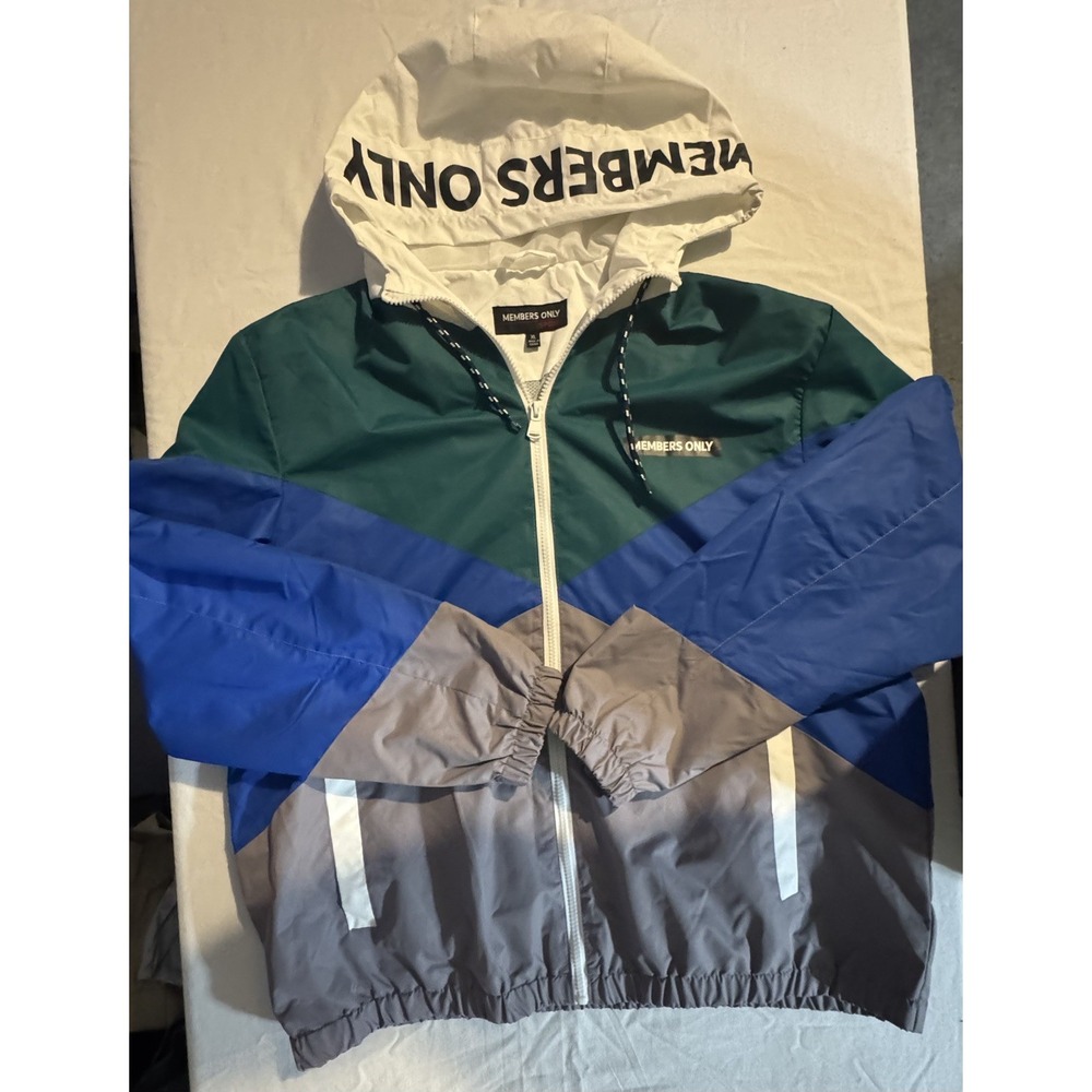 Members Only Jacket Men Medium Blue Colorblock Zip Pullover Windbreaker Hood XL